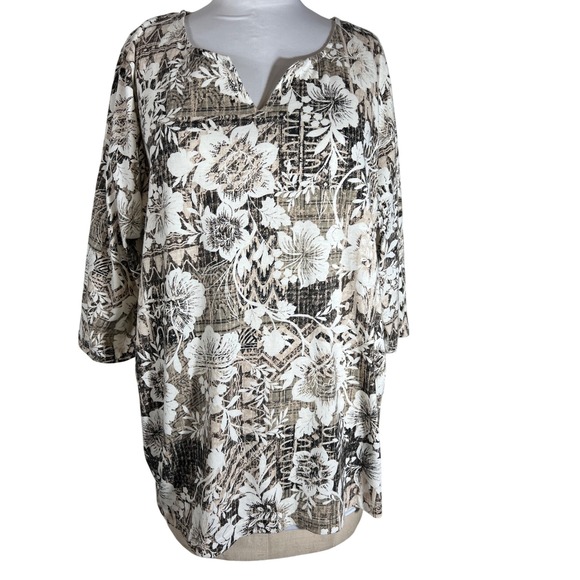 Woman Within Tops - Woman Within Floral Batik Tunic Top Womens 1X 22/24 Black Beige 3/4 Slv V-Neck